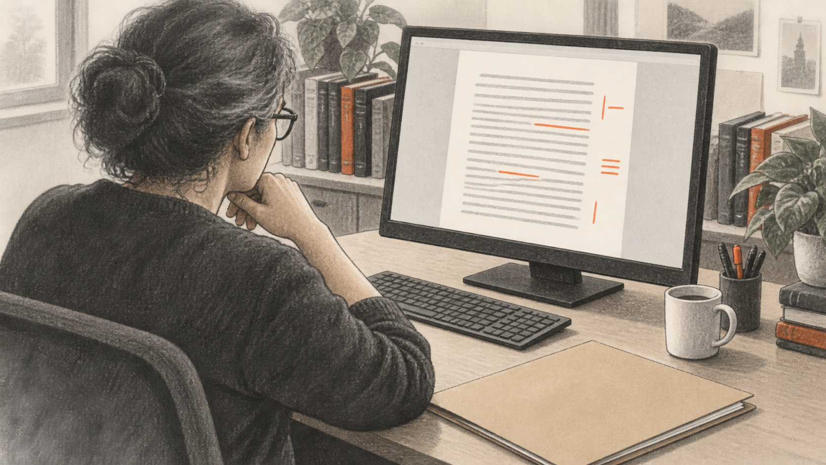 Conceptual charcoal illustration of an academic viewed from behind, reviewing a document with orange feedback marks on a desktop monitor in a generic office.