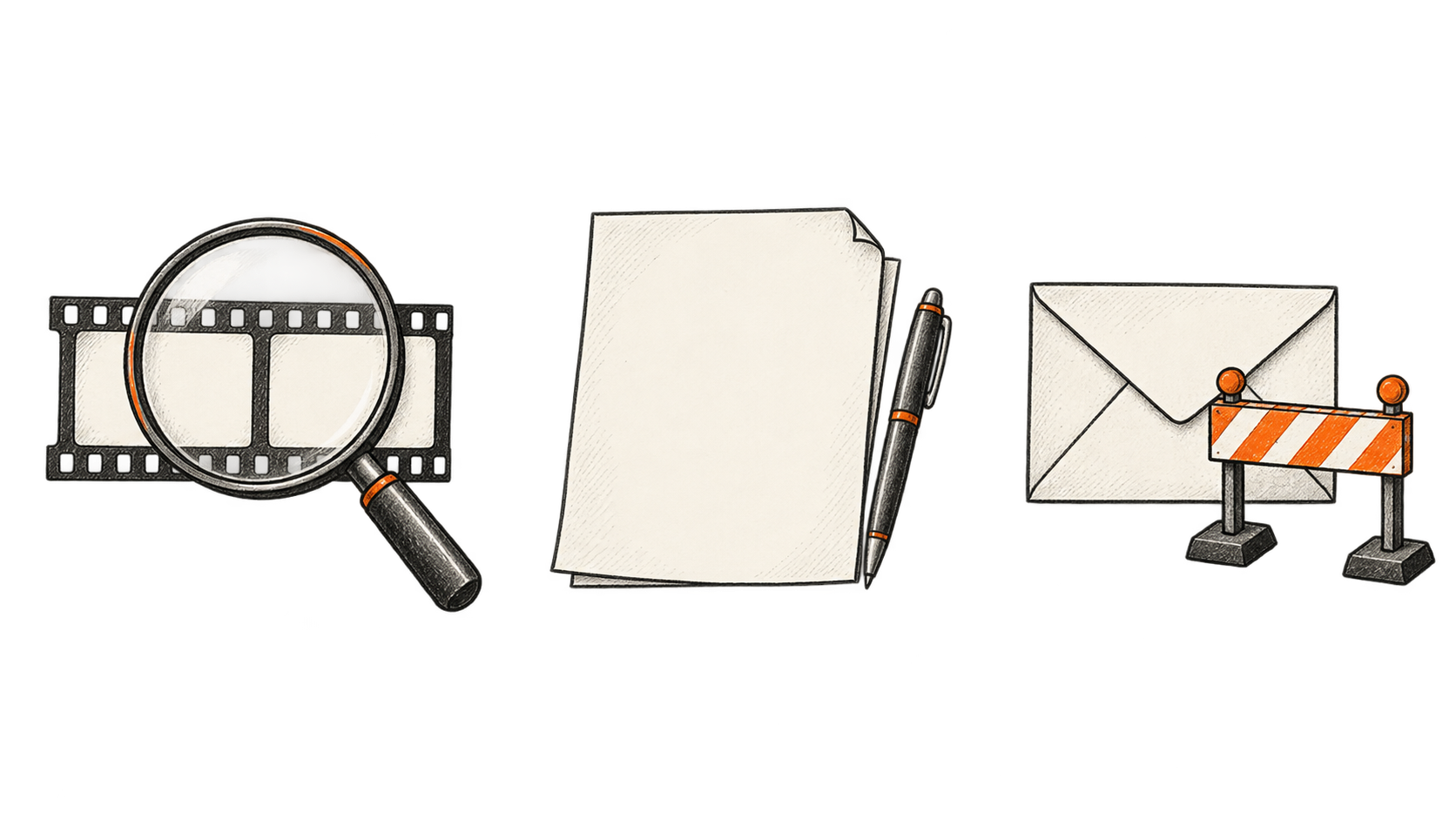 Three separate groups show a magnifier over blank film, an unsigned document with a pen, and an envelope beside a stop barrier.