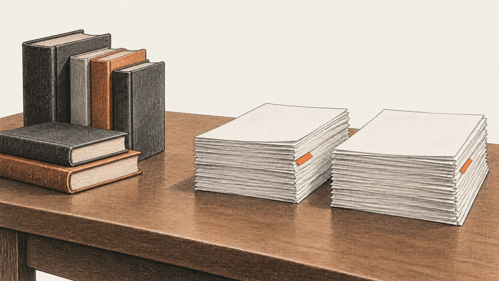 Conceptual charcoal illustration of unmarked books beside two separate stacks of blank legal briefs on a wooden table.