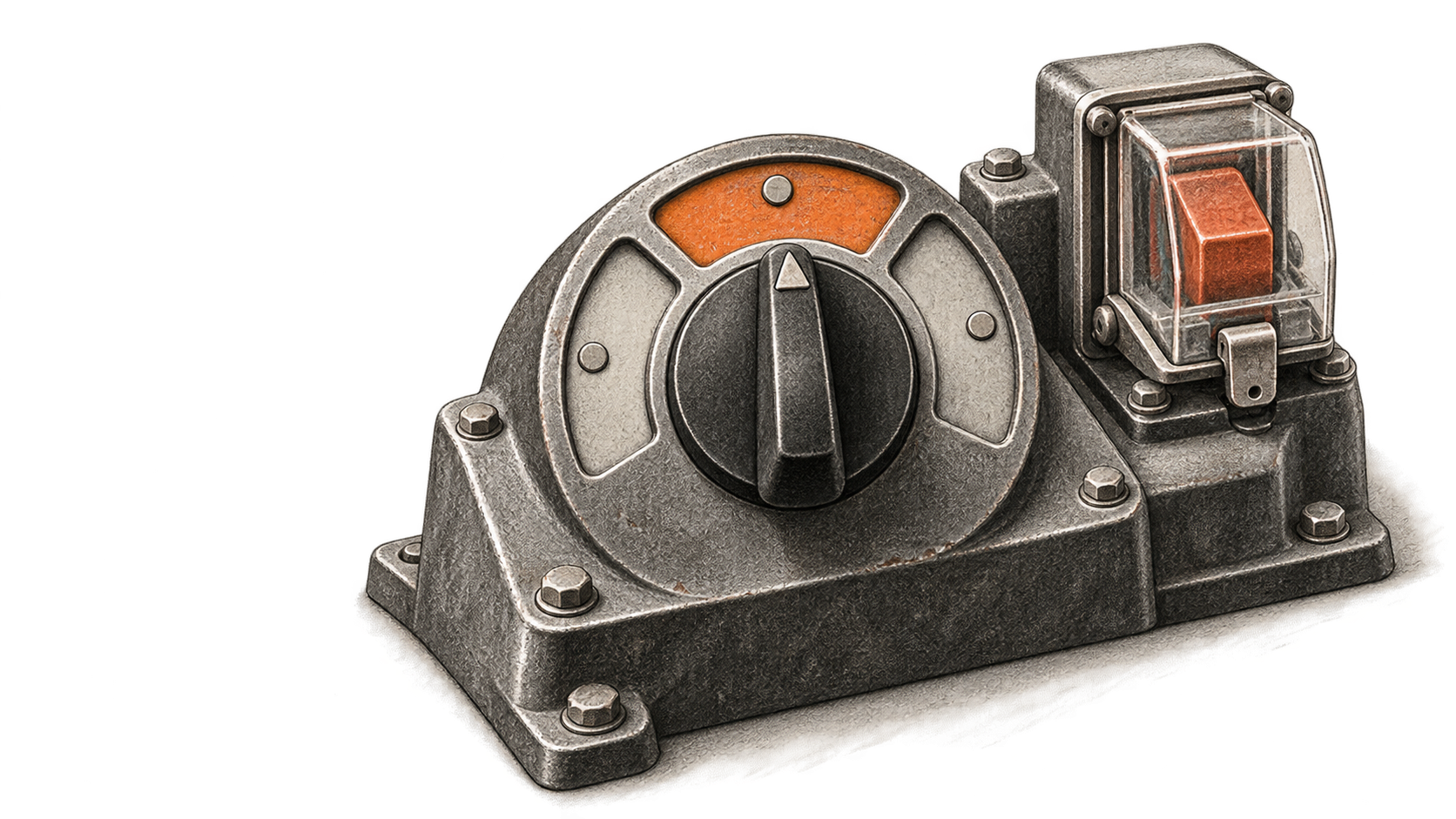 Conceptual charcoal drawing of a three-position selector beside a separate covered control.