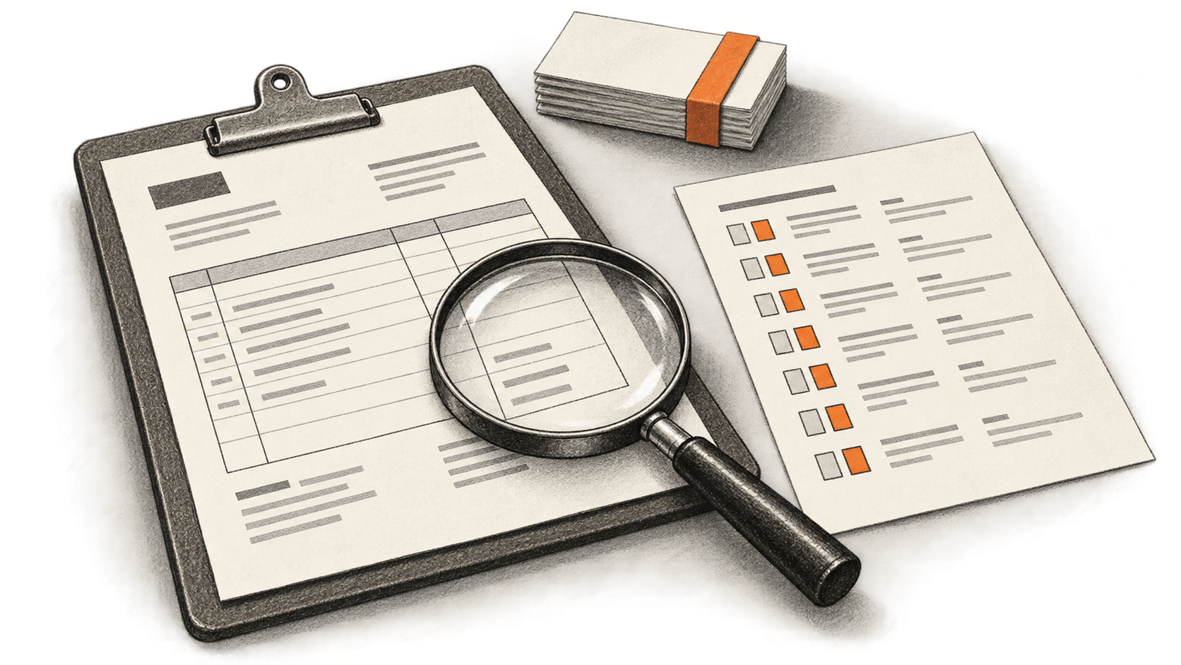 Conceptual charcoal illustration of an itemized purchase-order page, a separate proposed field sheet, a magnifying glass and a small stack of instruction cards.