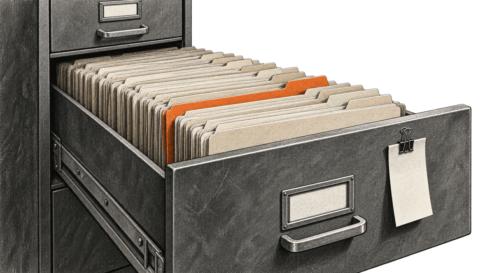 Conceptual charcoal illustration of an open archive drawer filled with lease folders, one orange divider and a blank slip clipped to the drawer front.