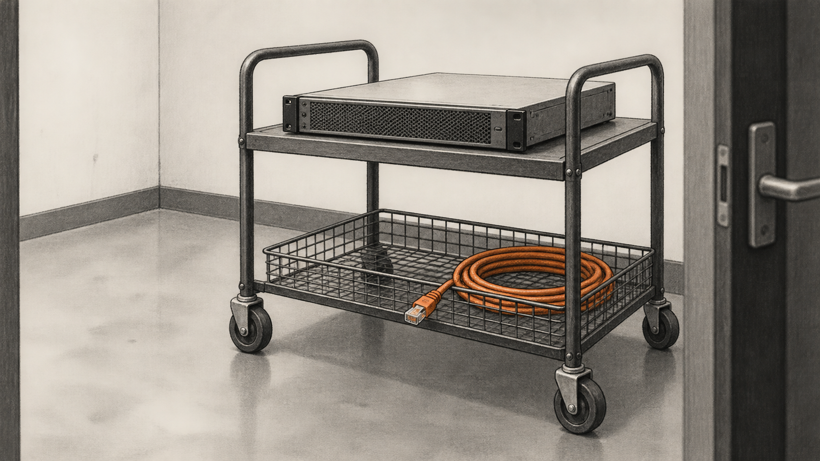 Conceptual charcoal illustration of an unbranded server on a wheeled equipment trolley, with an unplugged orange network cable coiled in the basket below.