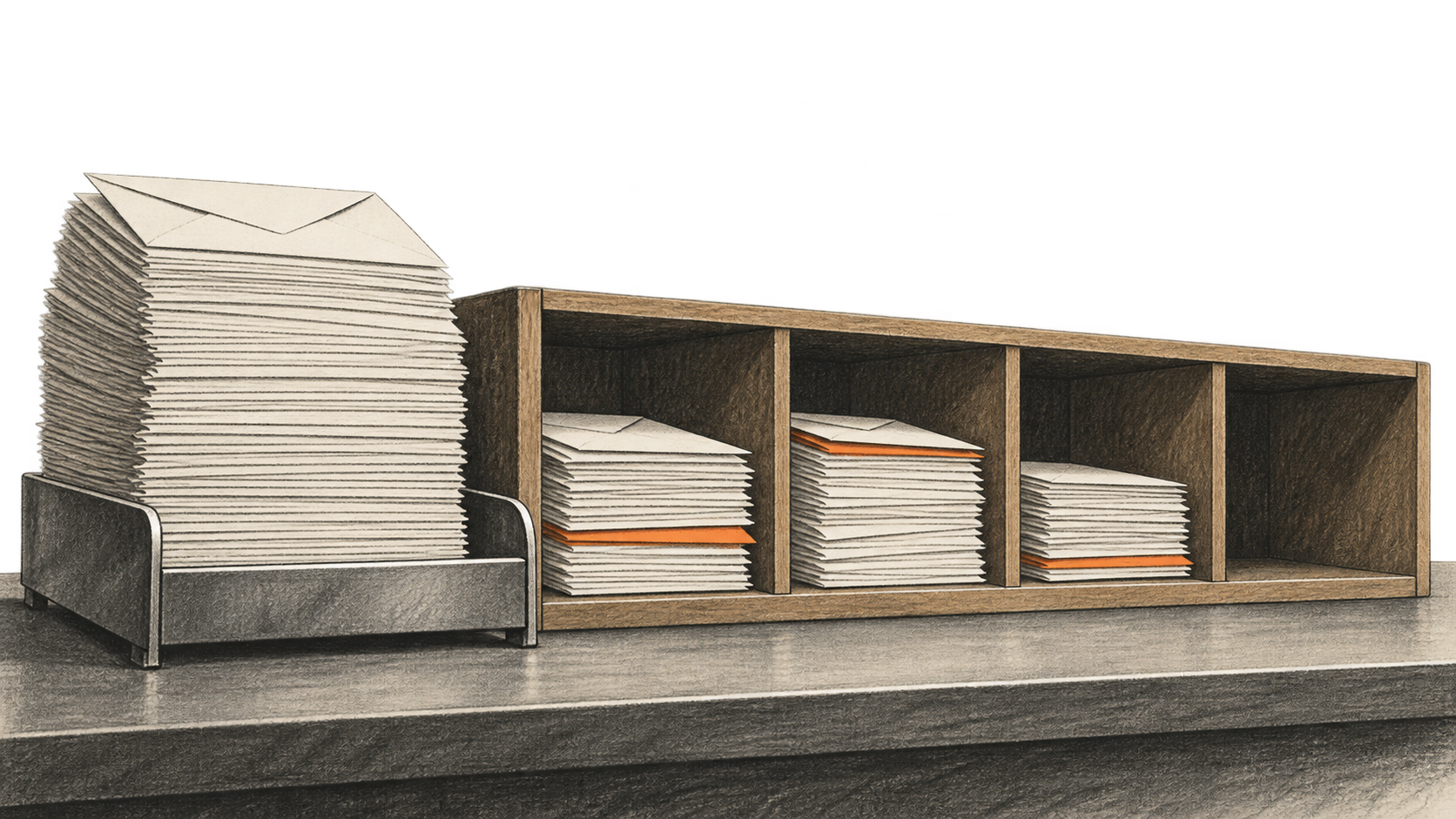 Conceptual illustration of a tall stack of unmarked correspondence beside a sorting rack with filled cubbies and one empty cubby.