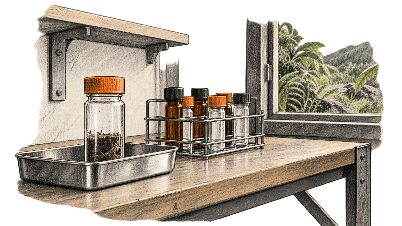 A sealed sediment sample in a metal tray sits beside a rack of closed assay vials on a field-station bench, with vegetation beyond an open window.