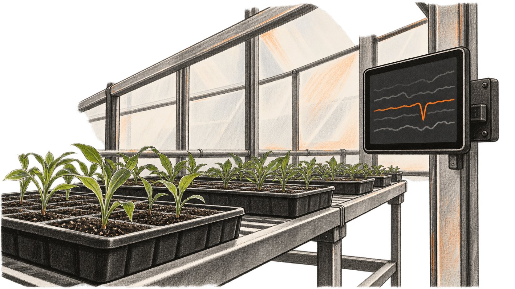Conceptual charcoal illustration of generic seedling trays on a greenhouse bench beside a wall-mounted terminal with an abstract orange interruption in unlabelled traces.