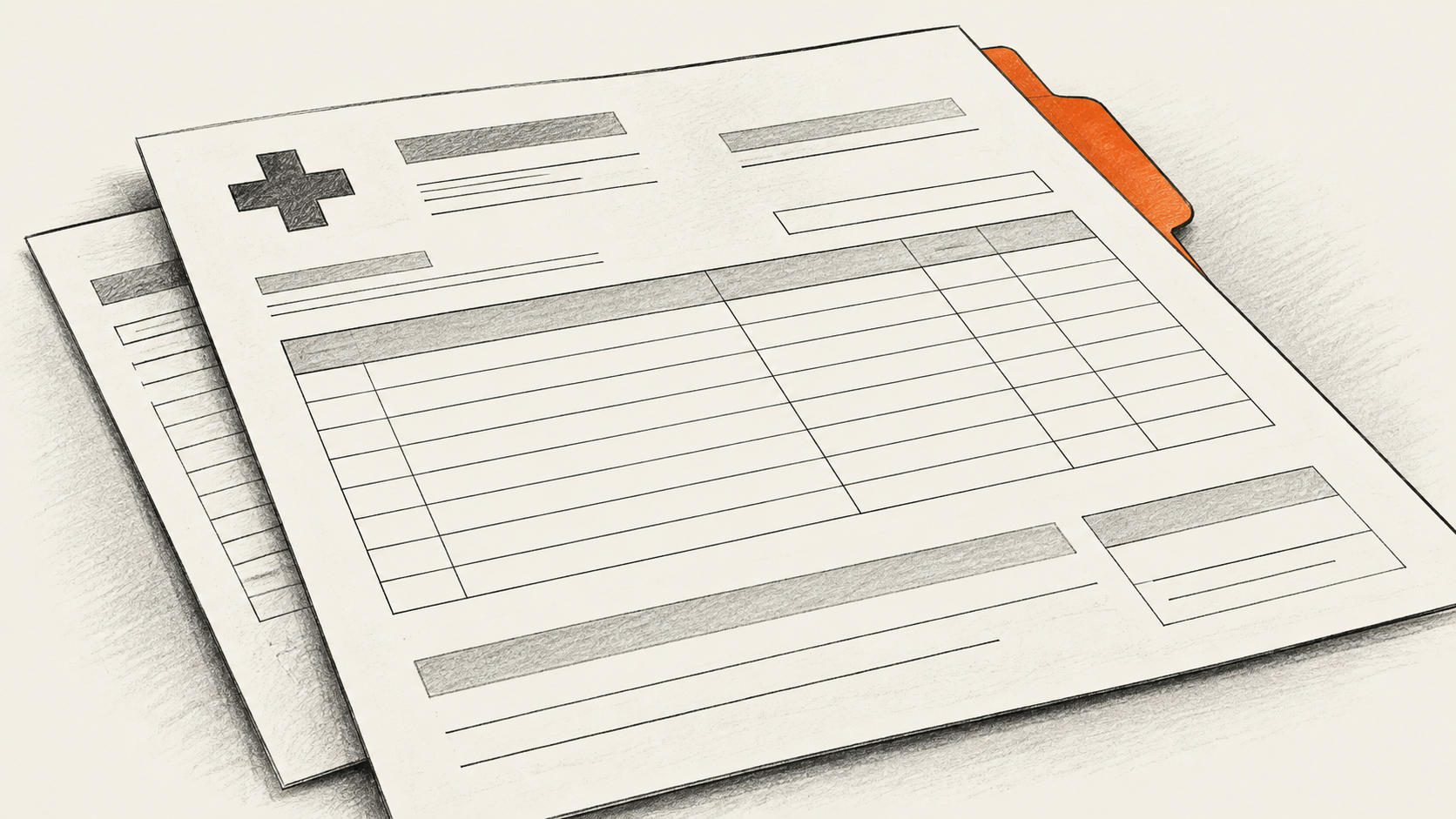Conceptual charcoal drawing of overlapping hospital claims forms with blank ruled coding rows on a records counter.
