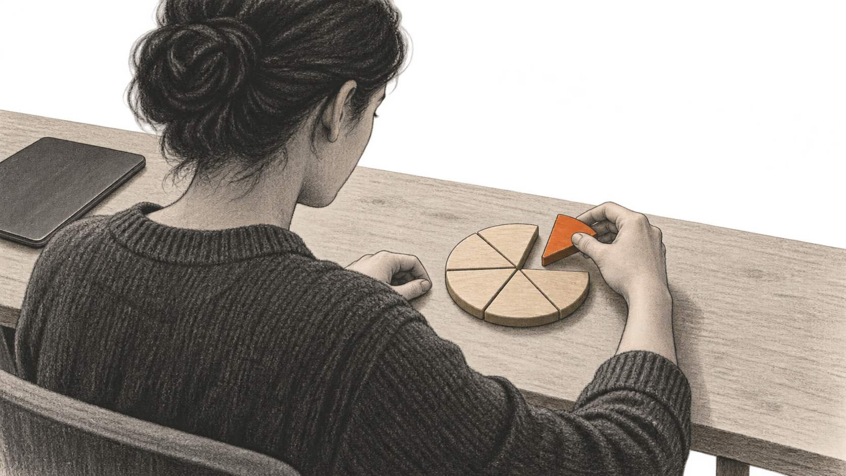 Conceptual charcoal drawing of one person fitting an orange wedge into a wooden fraction puzzle on a table, with an inactive tablet set aside.
