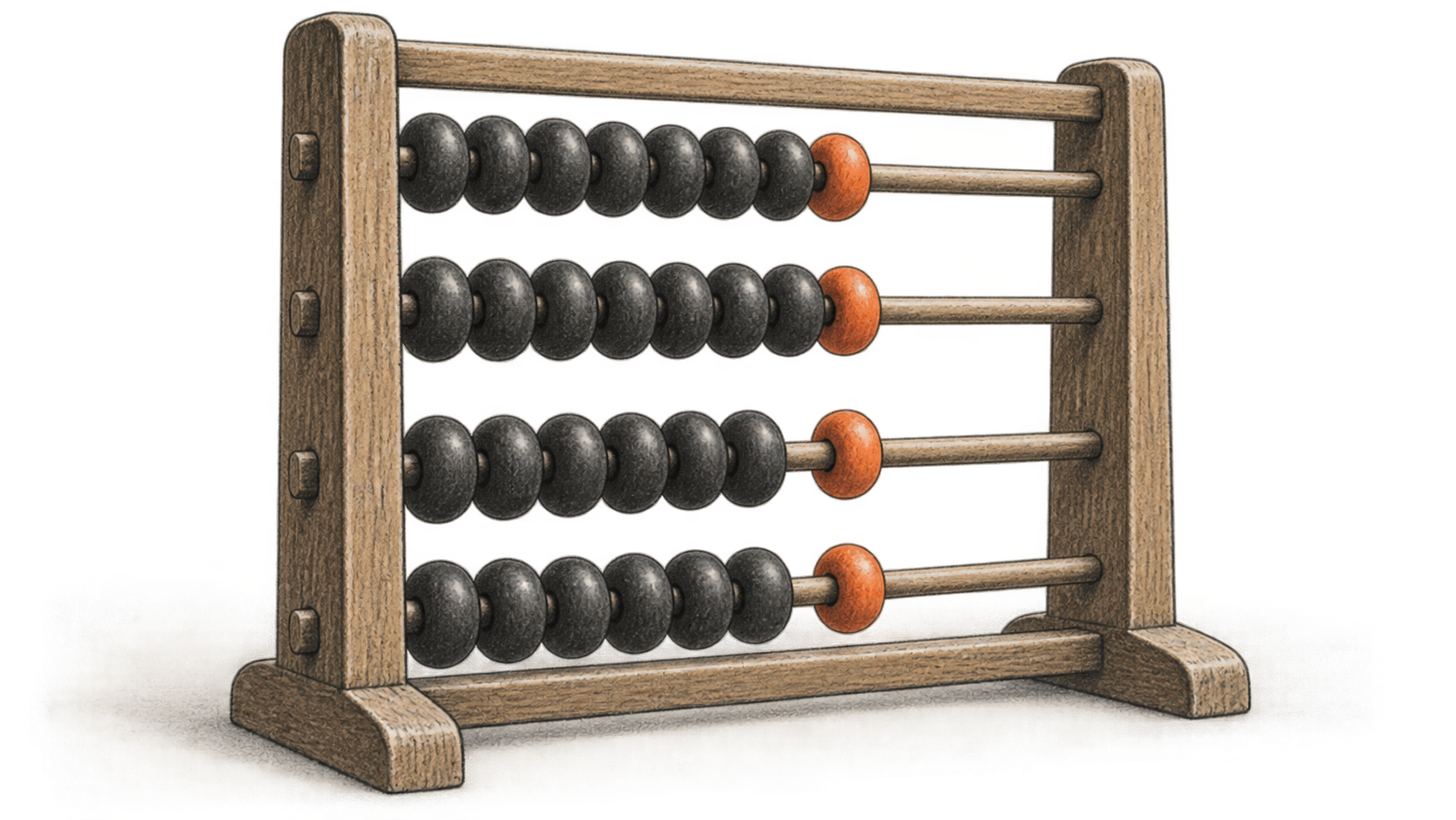 A wooden abacus has four horizontal rods of charcoal beads, with one orange bead near the right side of each rod.