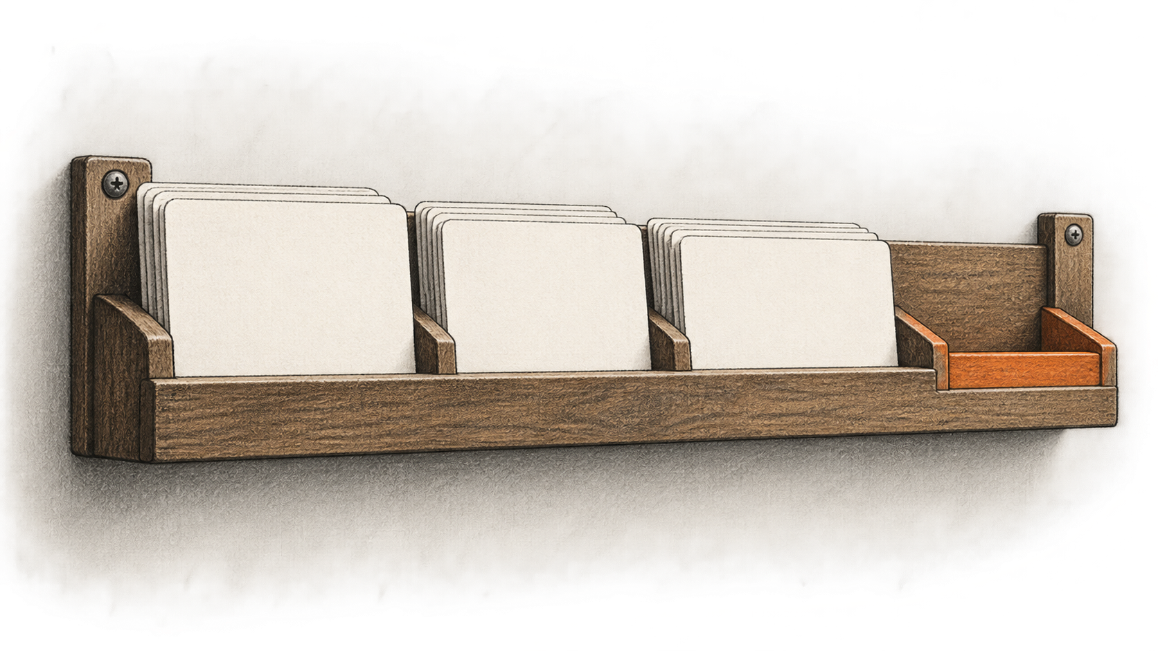 Conceptual charcoal illustration of blank task cards in a wall-mounted wooden rack, beside one empty orange-edged slot.