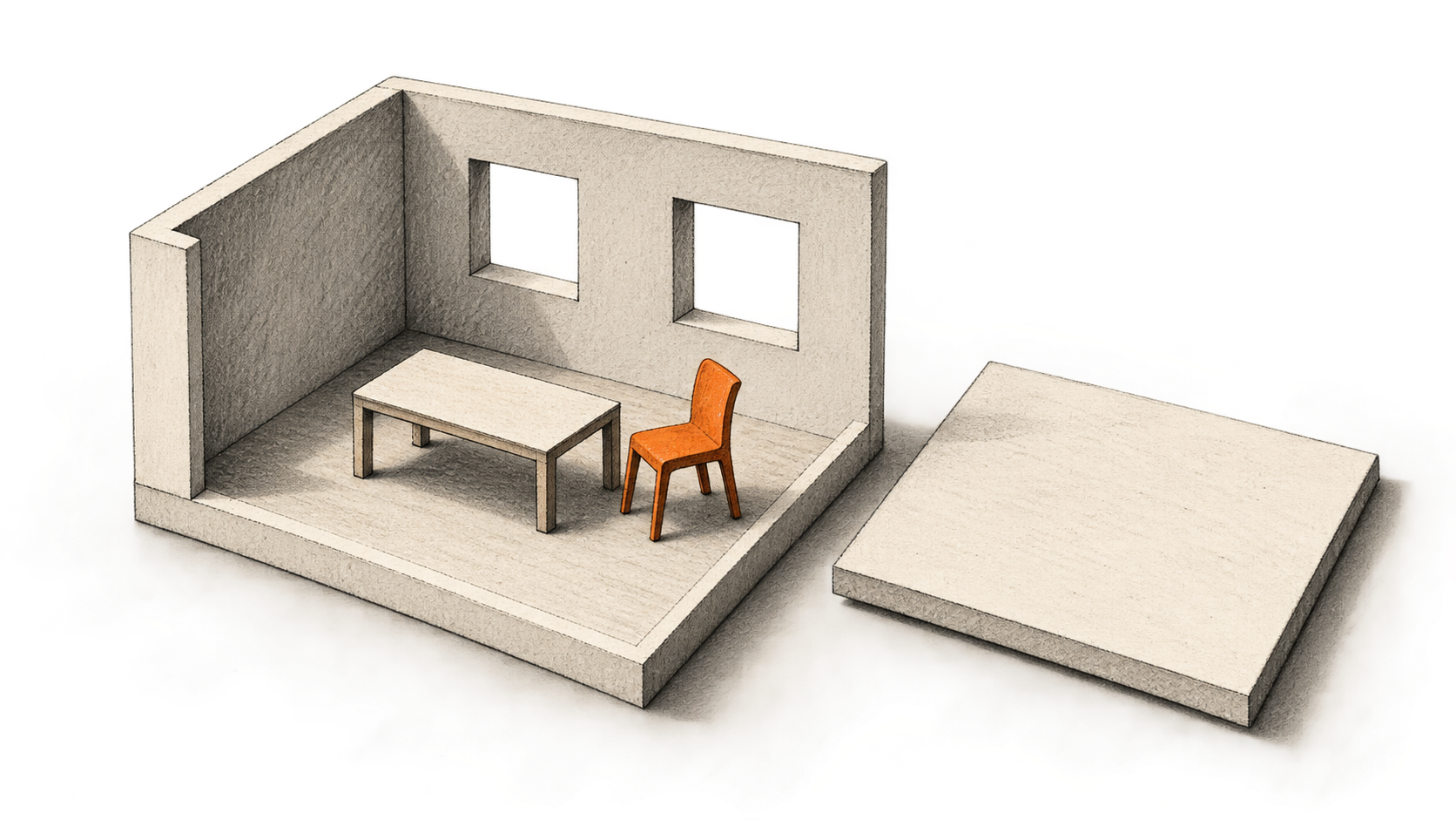 Conceptual charcoal illustration of a cutaway miniature room containing a table and orange chair, with the detached roof resting beside it.