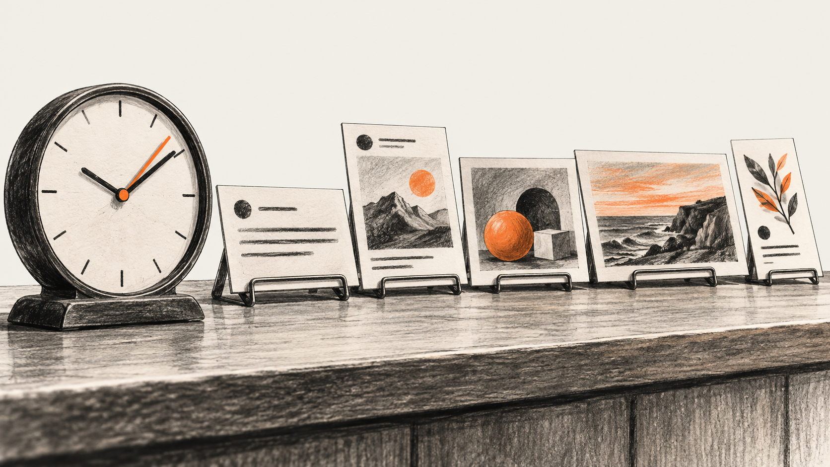 Conceptual charcoal illustration of an analog tabletop clock beside five different unbranded social-post proof cards on metal easels.