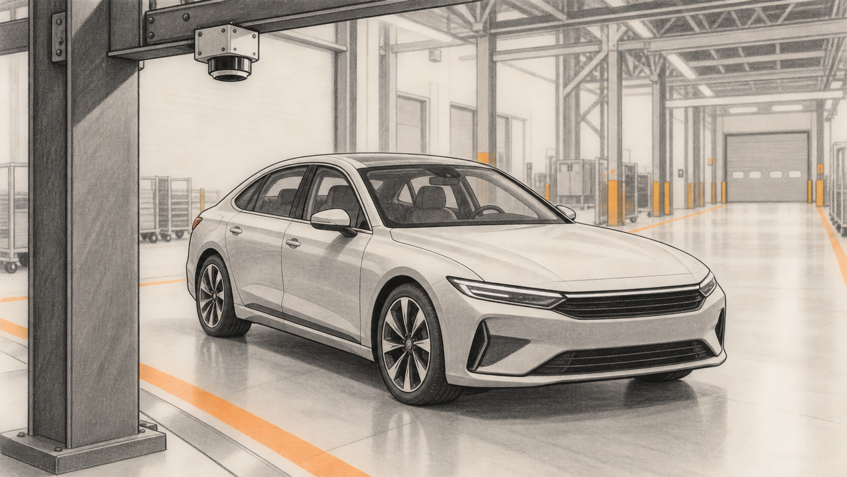 Conceptual charcoal illustration of an unbranded passenger car beneath a beam-mounted device in a factory passage.