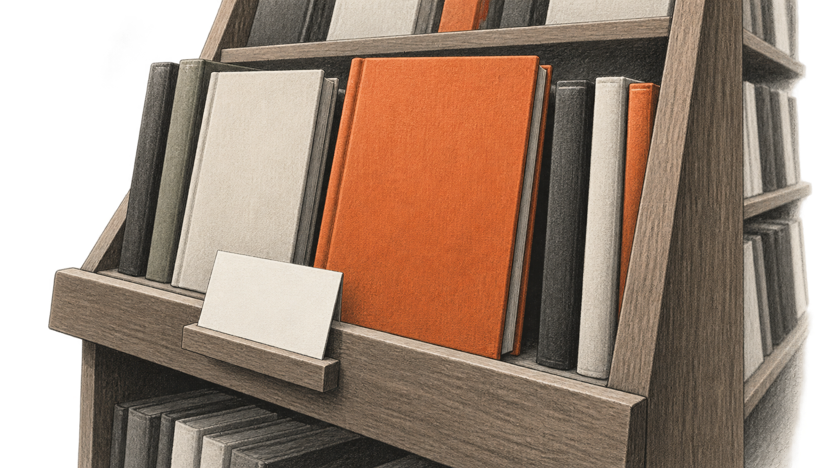 Plain unbranded hardback books stand on an angled wooden bookshop display rack beside a blank promotional card.