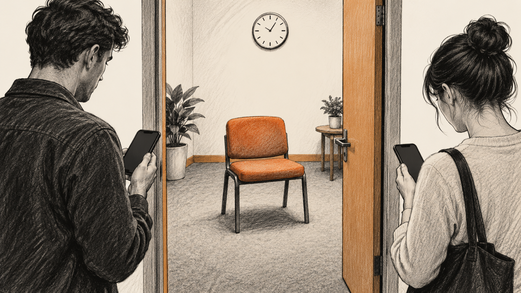 Conceptual charcoal illustration of two people checking blank phones outside a room with one empty orange appointment chair and a wall clock.