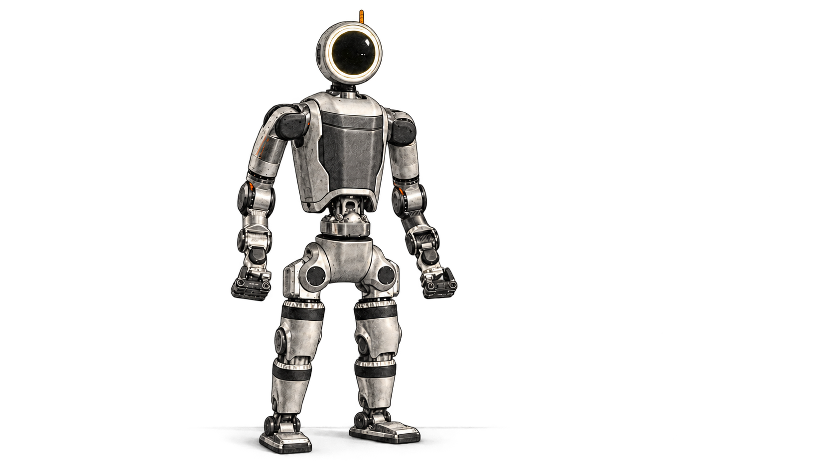 Conceptual charcoal illustration of the Atlas humanoid robot standing idle, facing forward with its arms at its sides.
