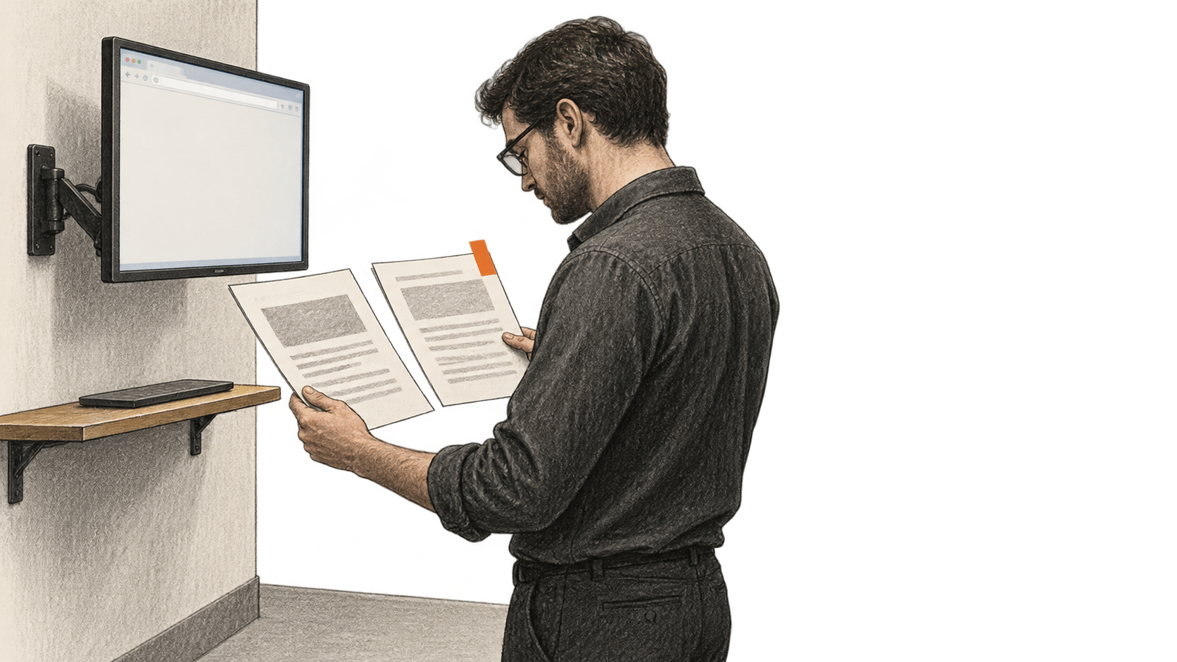 Conceptual charcoal illustration of a standing person comparing two printed pages beside a blank wall-mounted monitor.