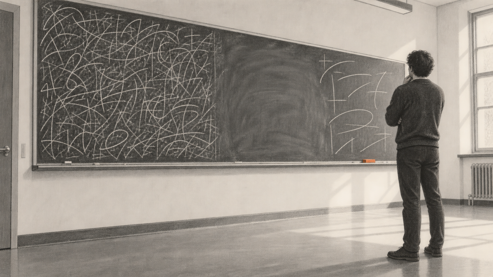 An anonymous person stands back from a wall-mounted blackboard; crowded chalk strokes at left give way to an erased center and sparse strokes at right.