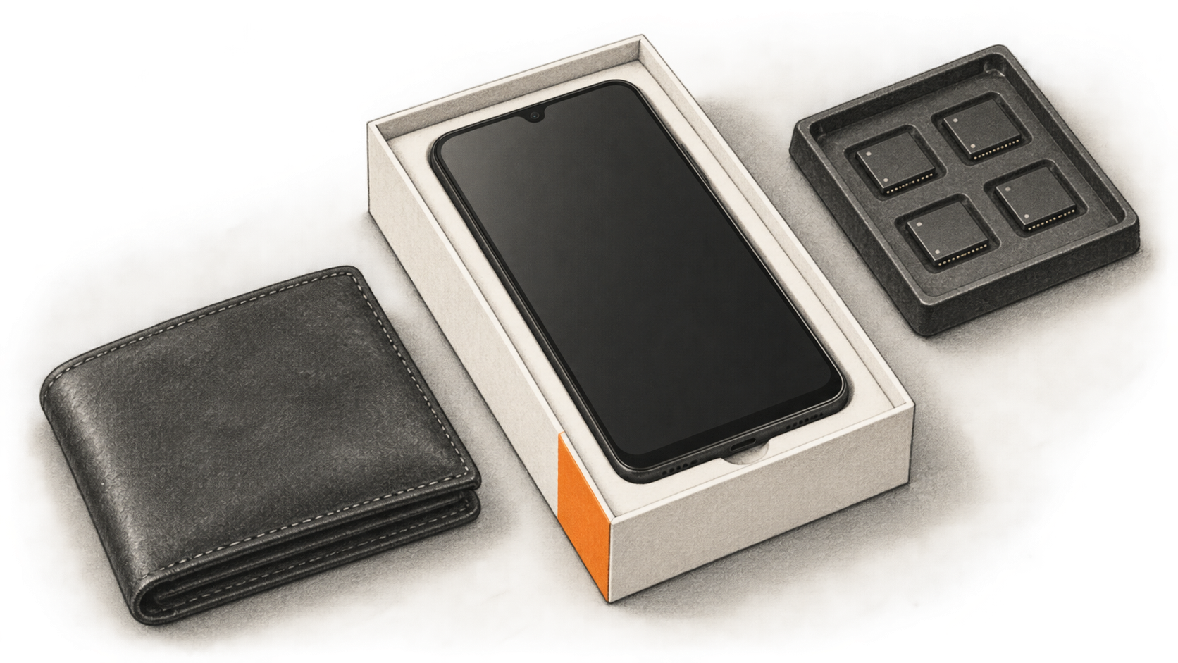 Charcoal illustration of a dark-screen smartphone in plain retail packaging beside a closed wallet and a small tray of memory packages.