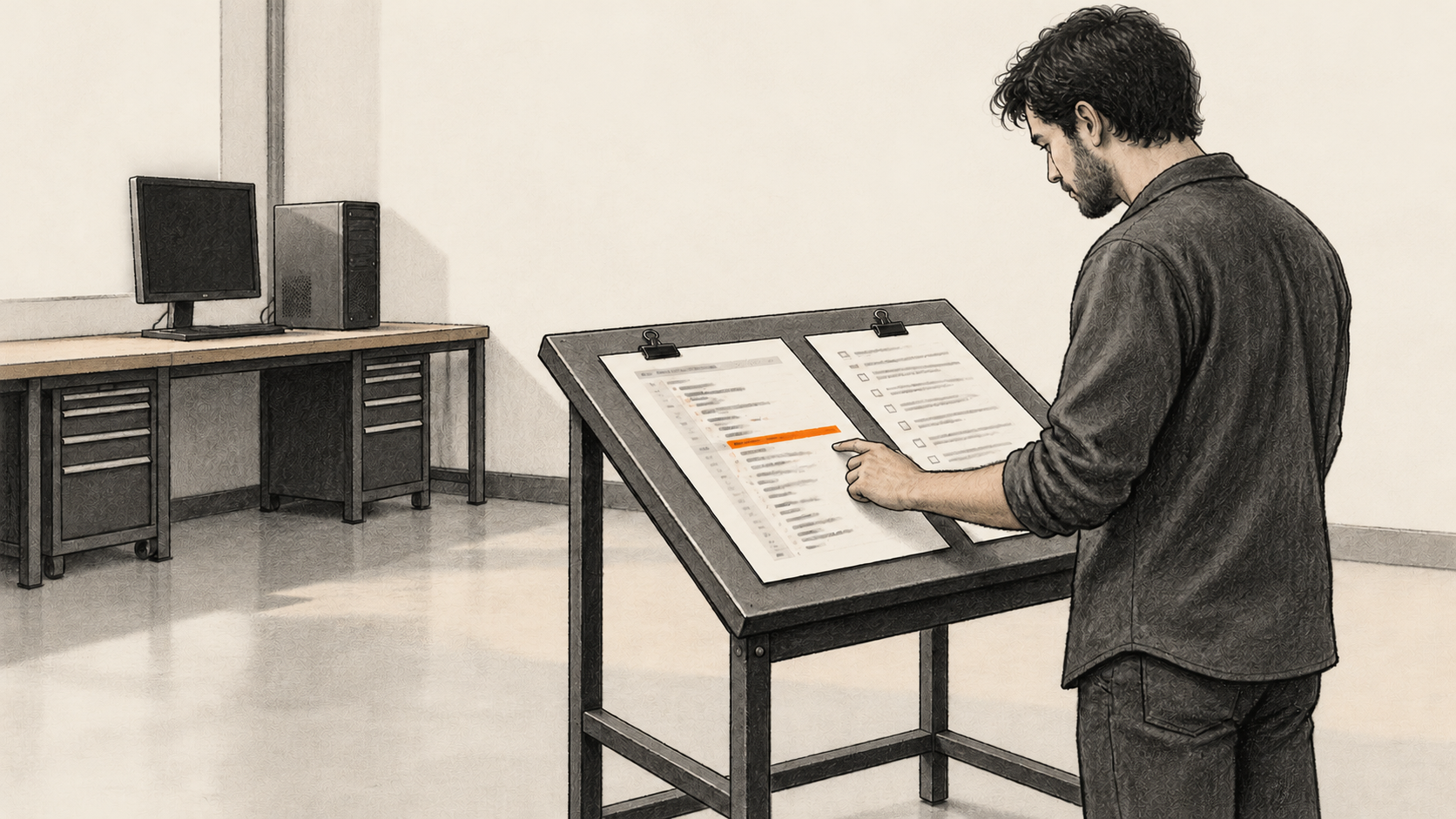 AI-generated conceptual charcoal illustration of one reviewer comparing an abstract code-change sheet with a criteria sheet at an angled inspection stand; an unoccupied computer station is behind him.