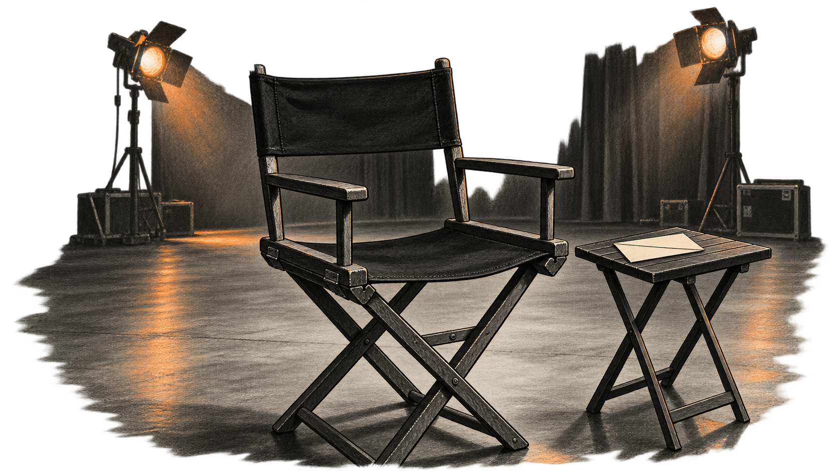Conceptual charcoal illustration of an empty director's chair on a generic film stage beside a small table holding a closed, unmarked envelope.