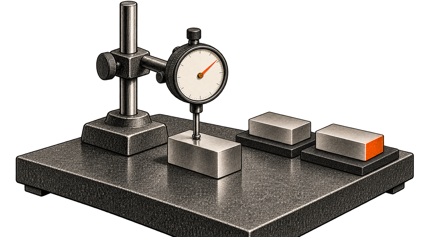 Conceptual charcoal illustration of a dial indicator touching one reference block while two matched metal pieces wait separately on the same granite plate.