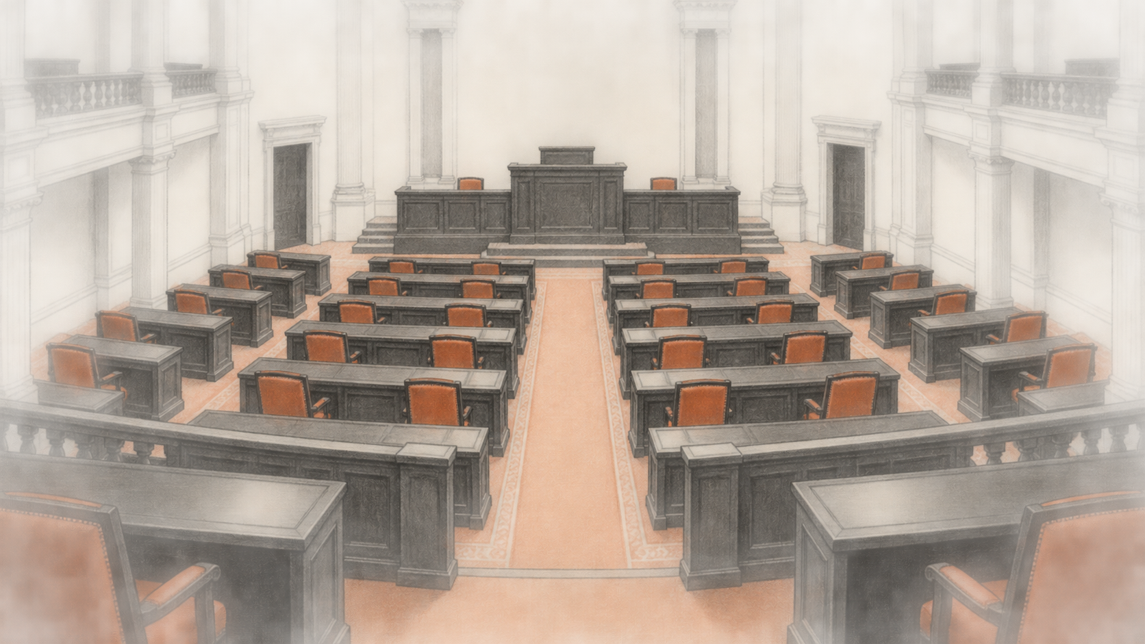 Charcoal illustration of an empty legislative chamber, with rows of wooden desks and orange chairs facing a raised presiding rostrum.