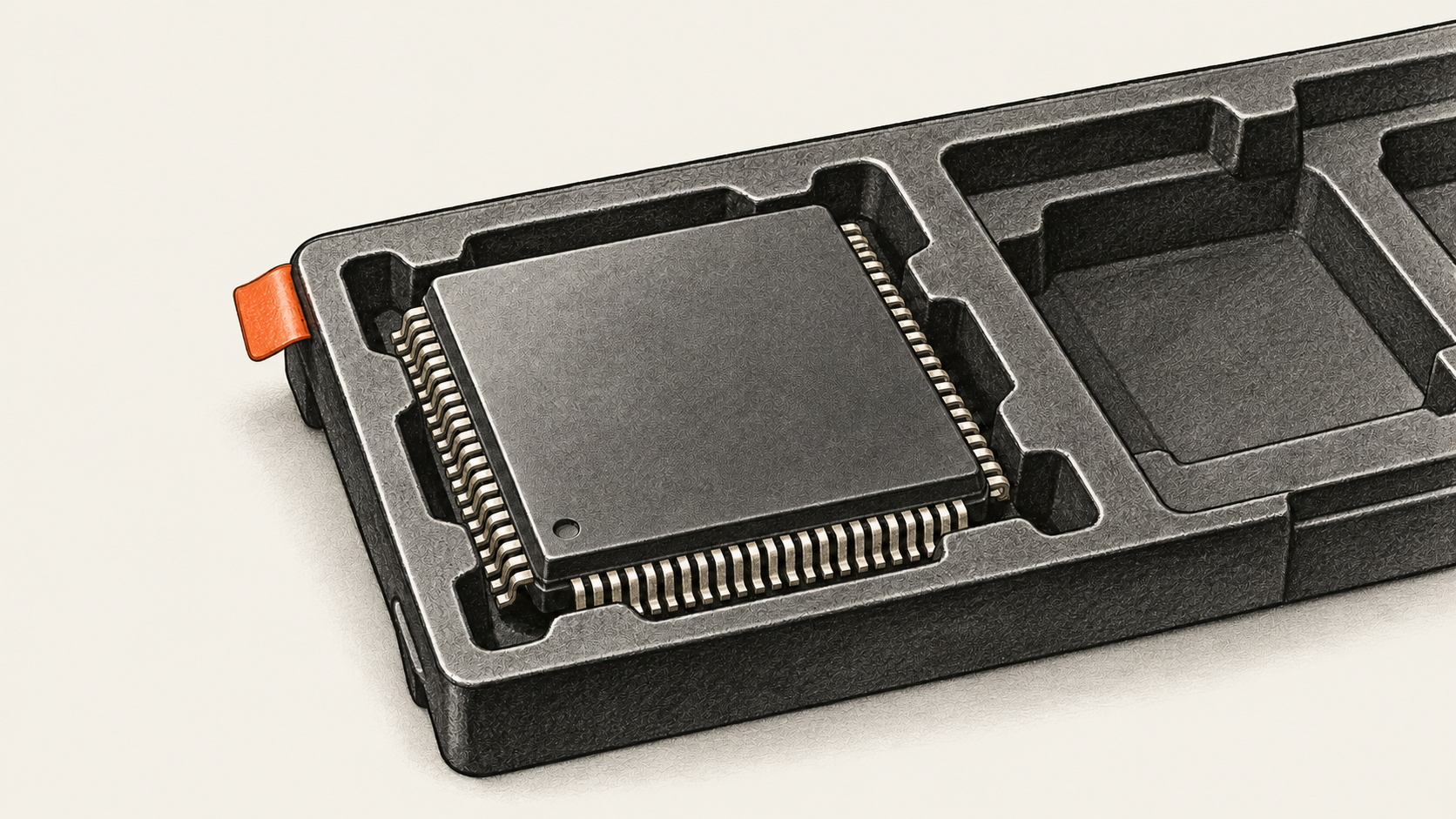 Conceptual charcoal illustration of an unbranded integrated circuit resting in a black antistatic carrier tray with an empty recess beside it.