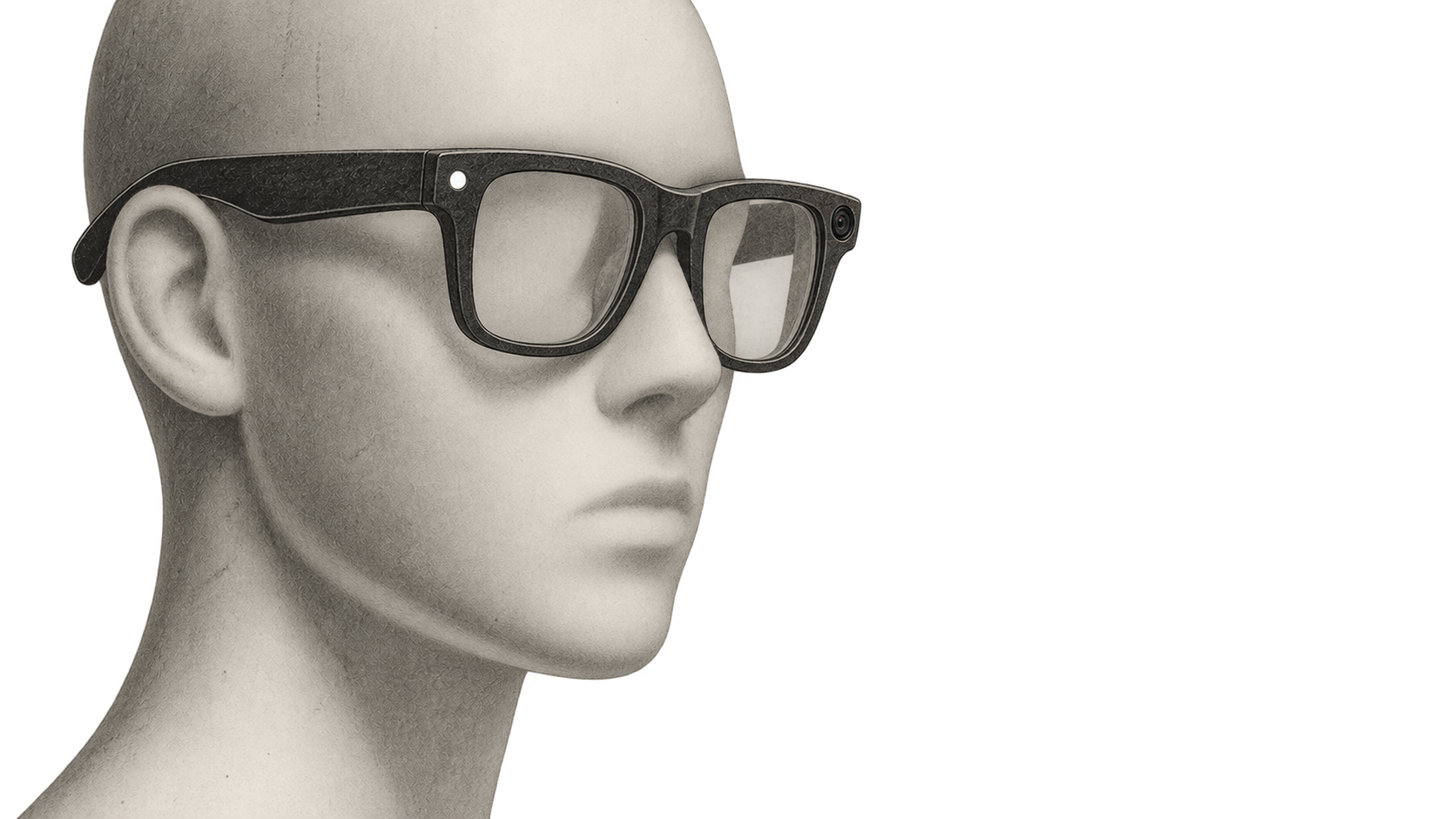 A featureless display mannequin wears dark camera glasses with a white indicator and a forward-facing lens in the outer frame corners.