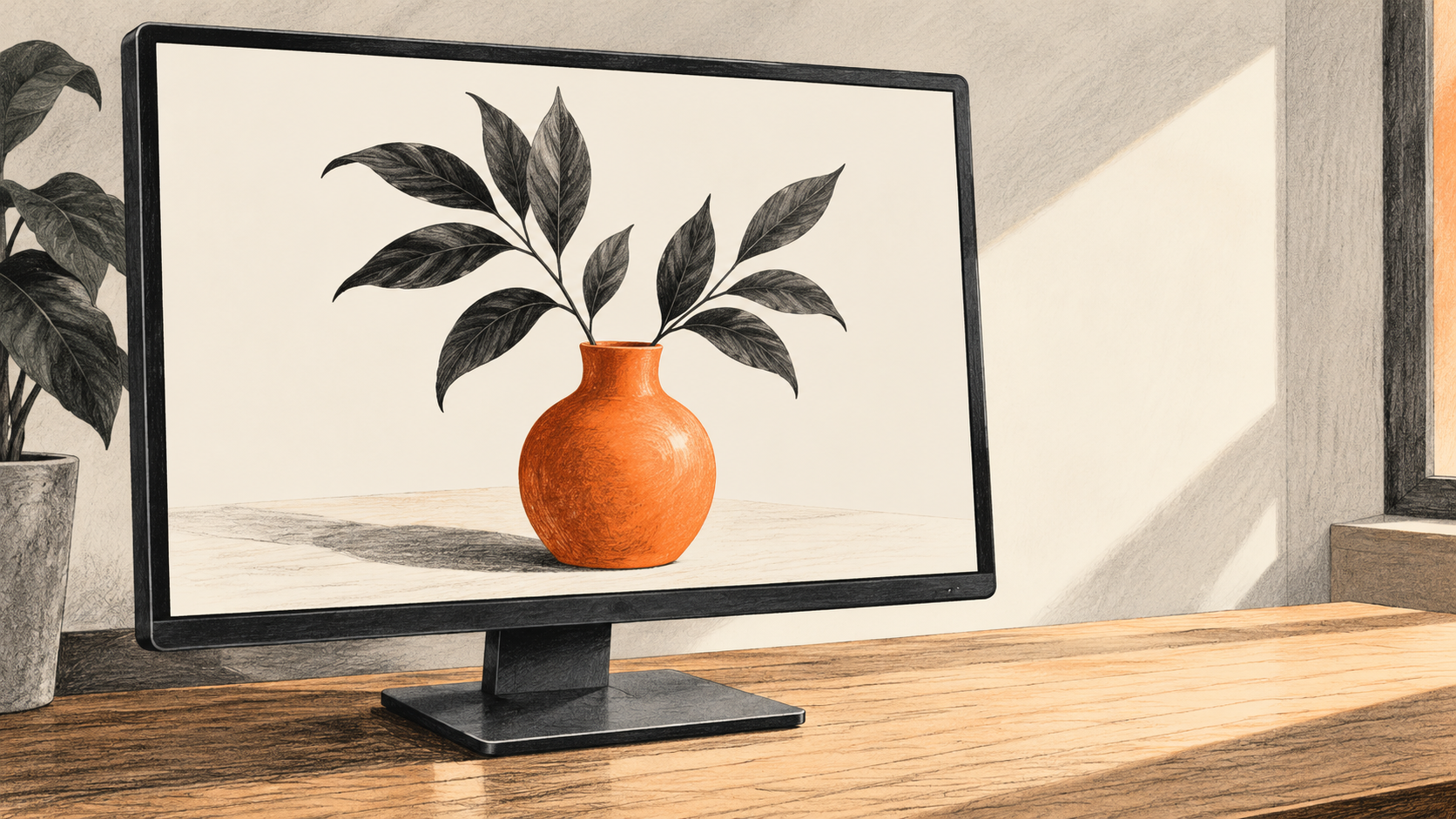 Conceptual charcoal illustration of an unbranded studio monitor displaying one still-life image of an orange vase and dark leaves.