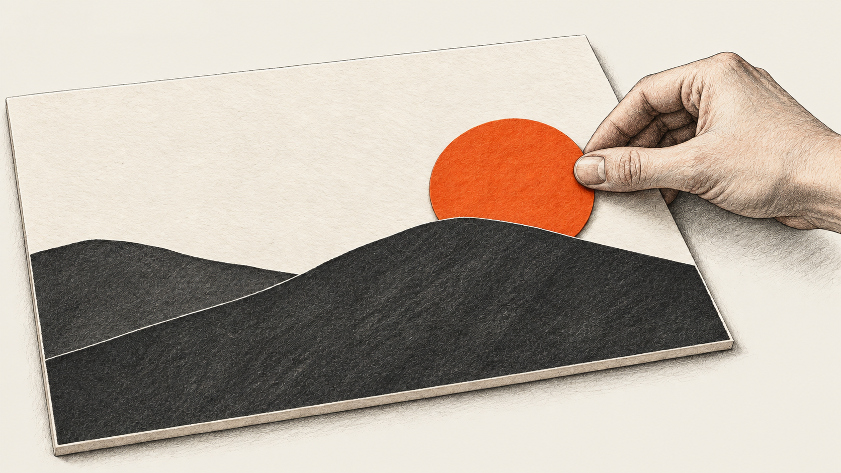 A hand moves an orange circle on a cut-paper landscape.