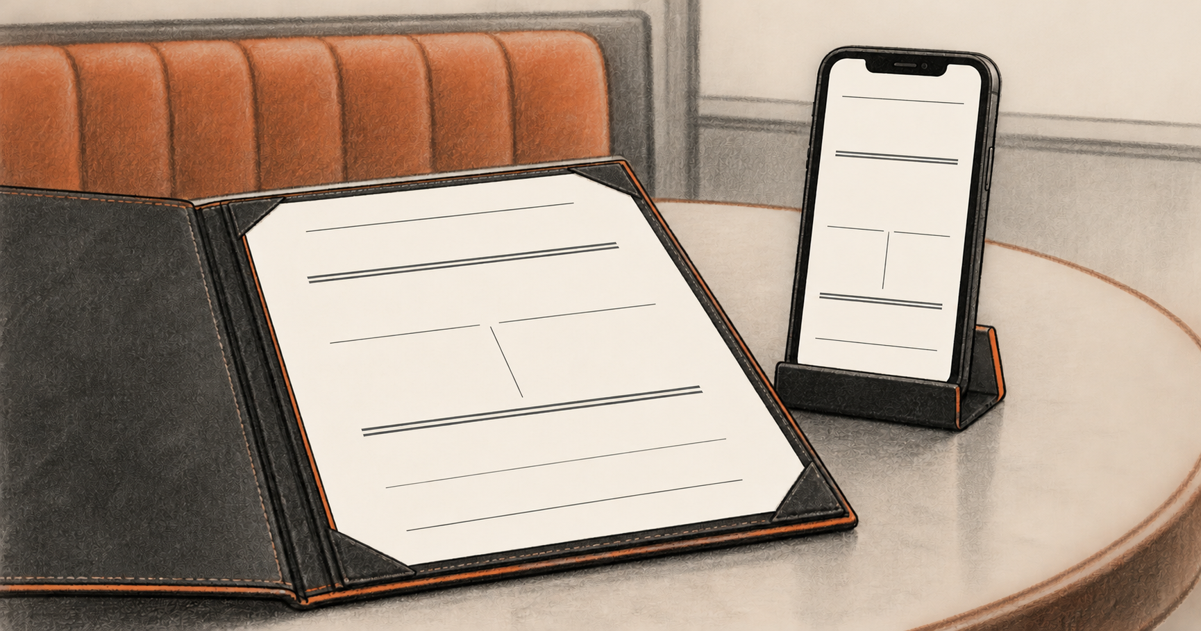 Conceptual charcoal illustration of an open, unlettered printed menu beside a phone showing a similarly blank menu layout on a café table.