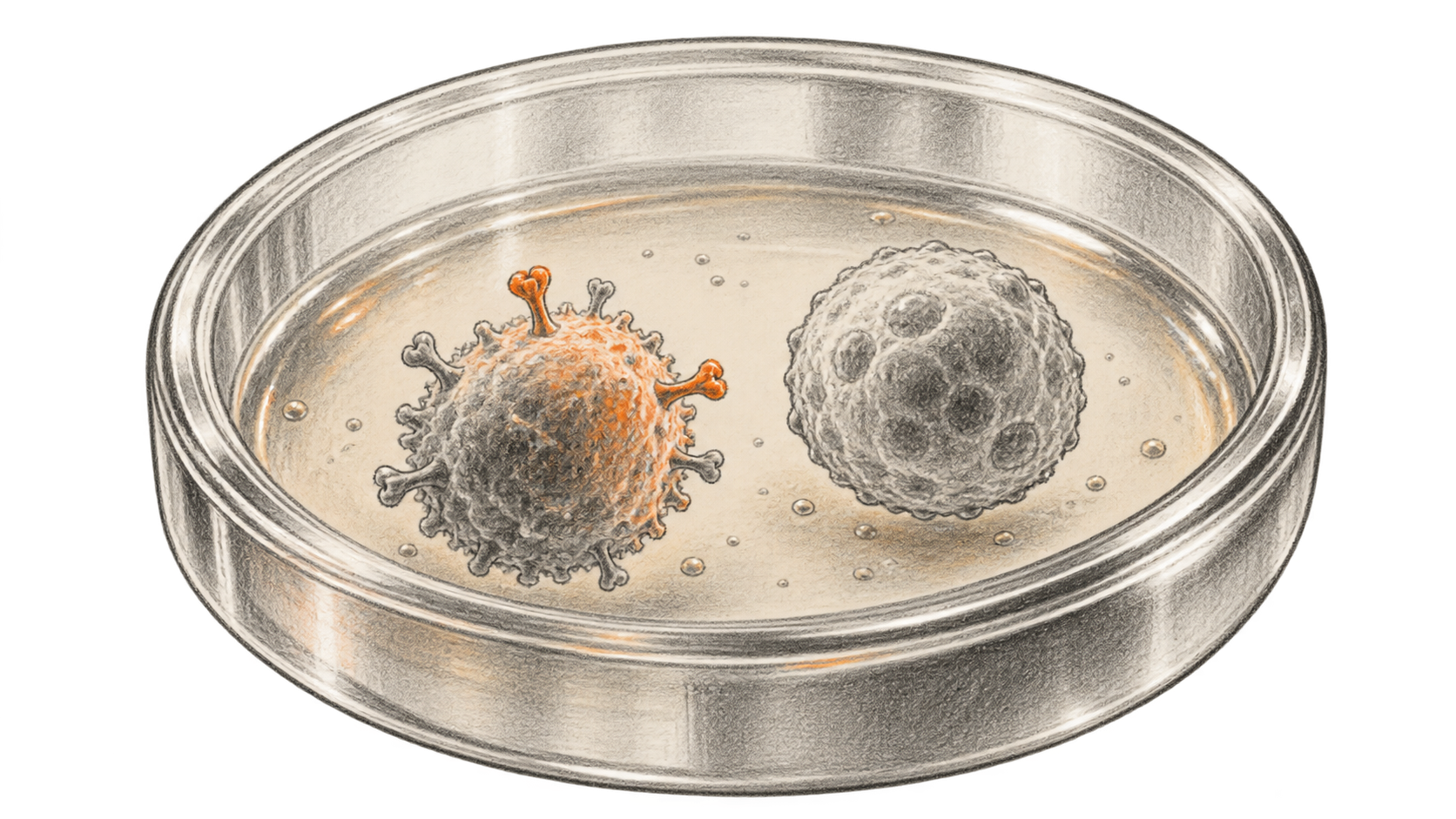 Conceptual illustration of an engineered immune cell and a separate target cell suspended in a culture well; not to scale.