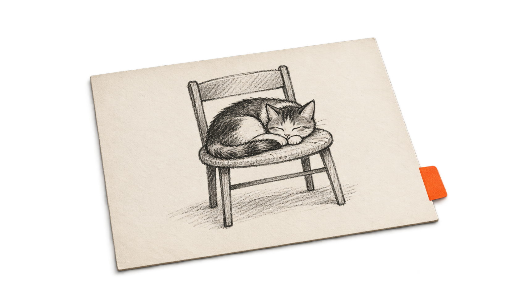 Conceptual charcoal illustration of an unsigned cat drawing on a cream card, with an orange tab beside the empty lower-right corner.