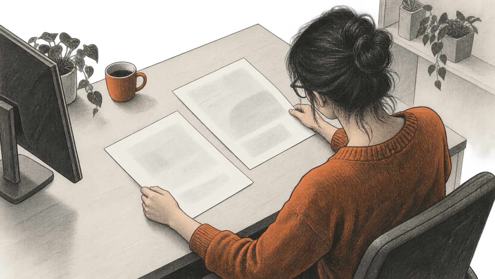 Conceptual charcoal illustration, seen from above, of one researcher comparing two sheets at a workbench while a desktop monitor faces away.