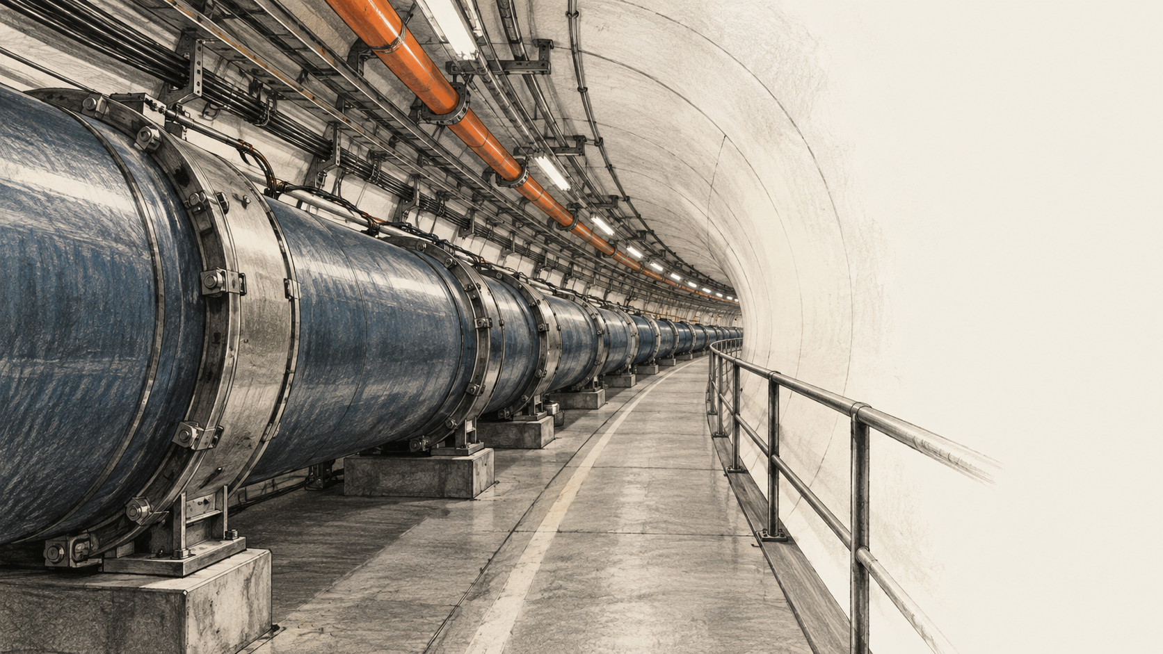 Conceptual charcoal illustration of a curved collider tunnel with a long cylindrical magnet assembly beside a walkway.