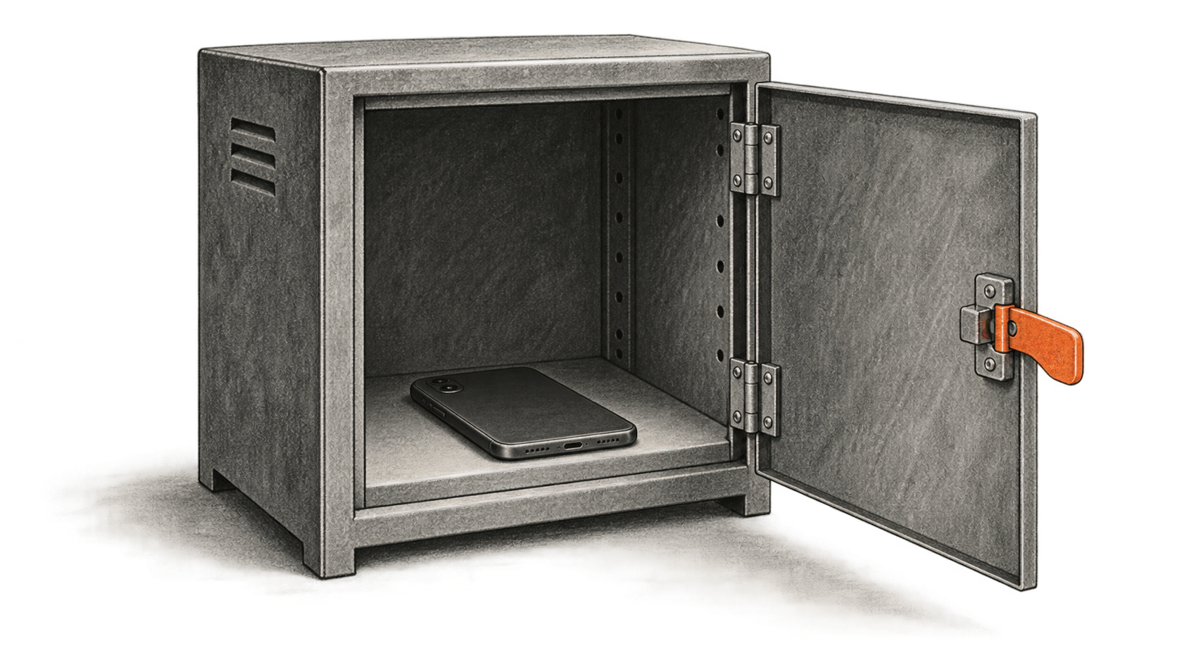 Conceptual charcoal illustration of a face-down unbranded phone on the shelf of an open metal lockbox with an unfastened orange latch.