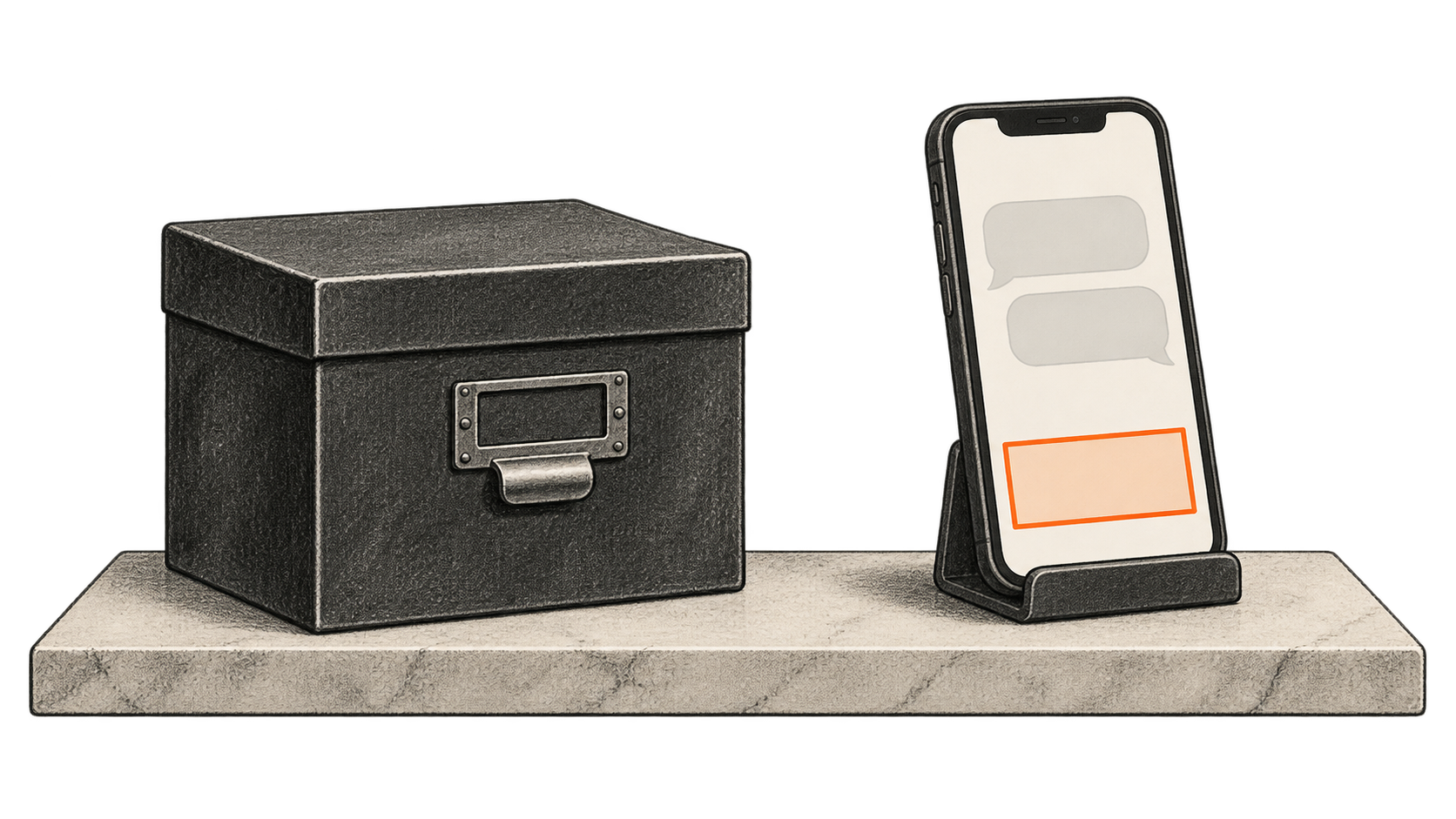 Conceptual charcoal illustration of a closed card-file box beside an unbranded phone with two empty conversation bubbles and a separate blank orange ad card.