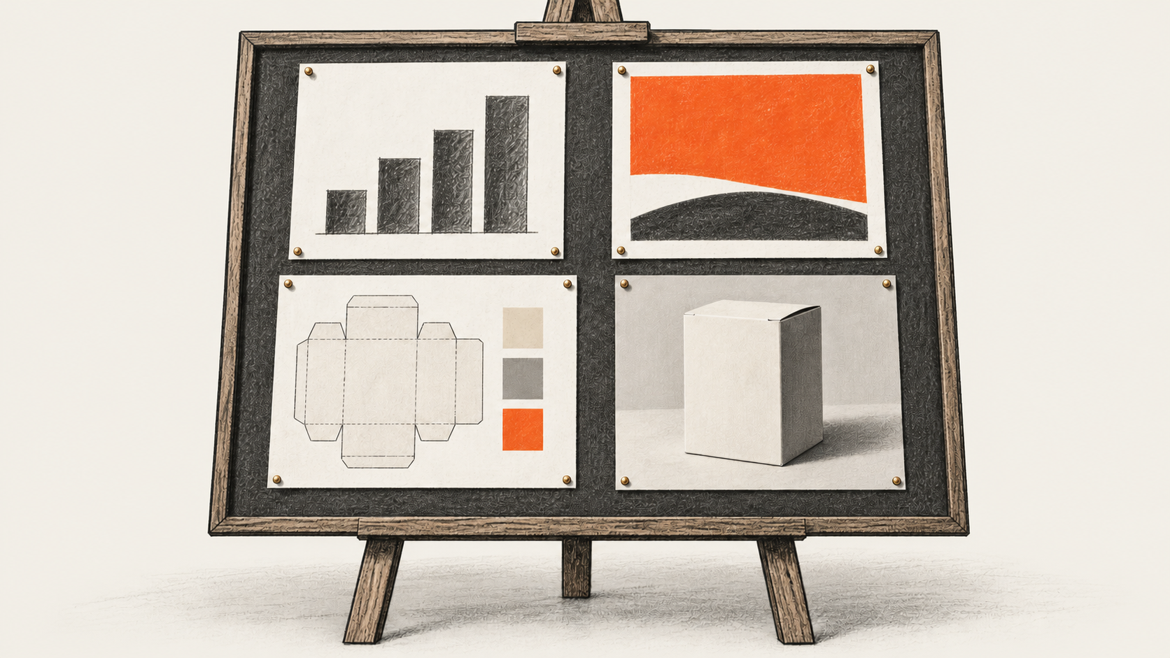 Conceptual charcoal illustration of a physical board holding four blank samples: an unlabeled chart, an ad card, a packaging reference sheet and a plain product box mockup.