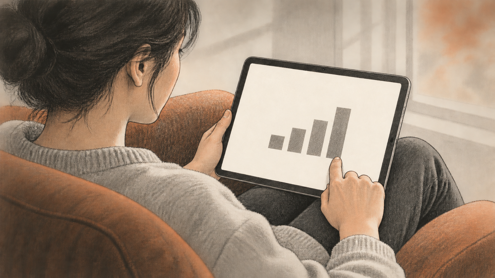 A person seated in an armchair touches a simple bar chart on a tablet resting on their lap.