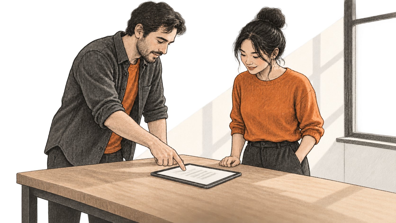 Two colleagues look together at a generic tablet page resting on a shared worktable.