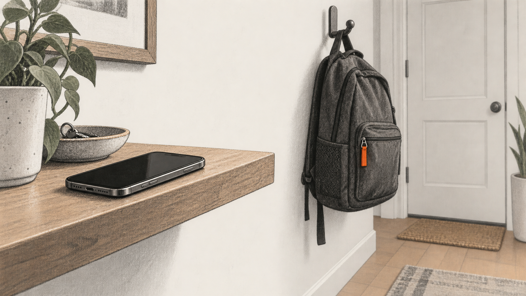Conceptual charcoal illustration of a blank, face-up phone on a home entryway shelf with a backpack hanging nearby.