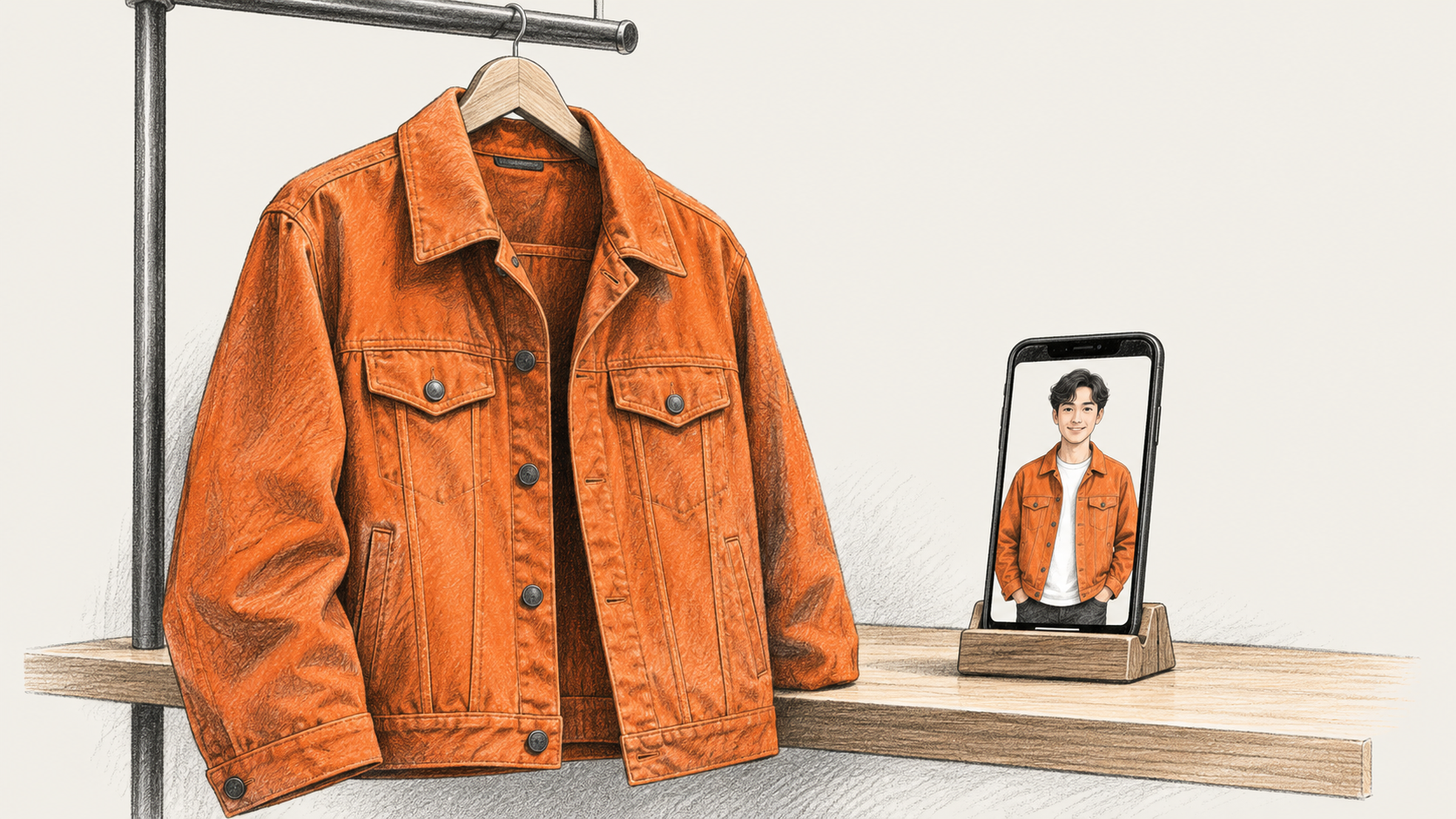 An orange jacket hangs beside a phone displaying one person's illustrative clothing preview.