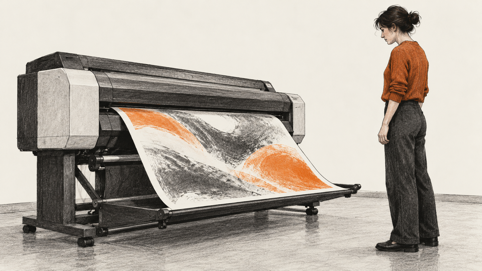 Conceptual charcoal illustration of one reviewer standing beside a large-format printer as an unlettered proof emerges onto its supported tray.