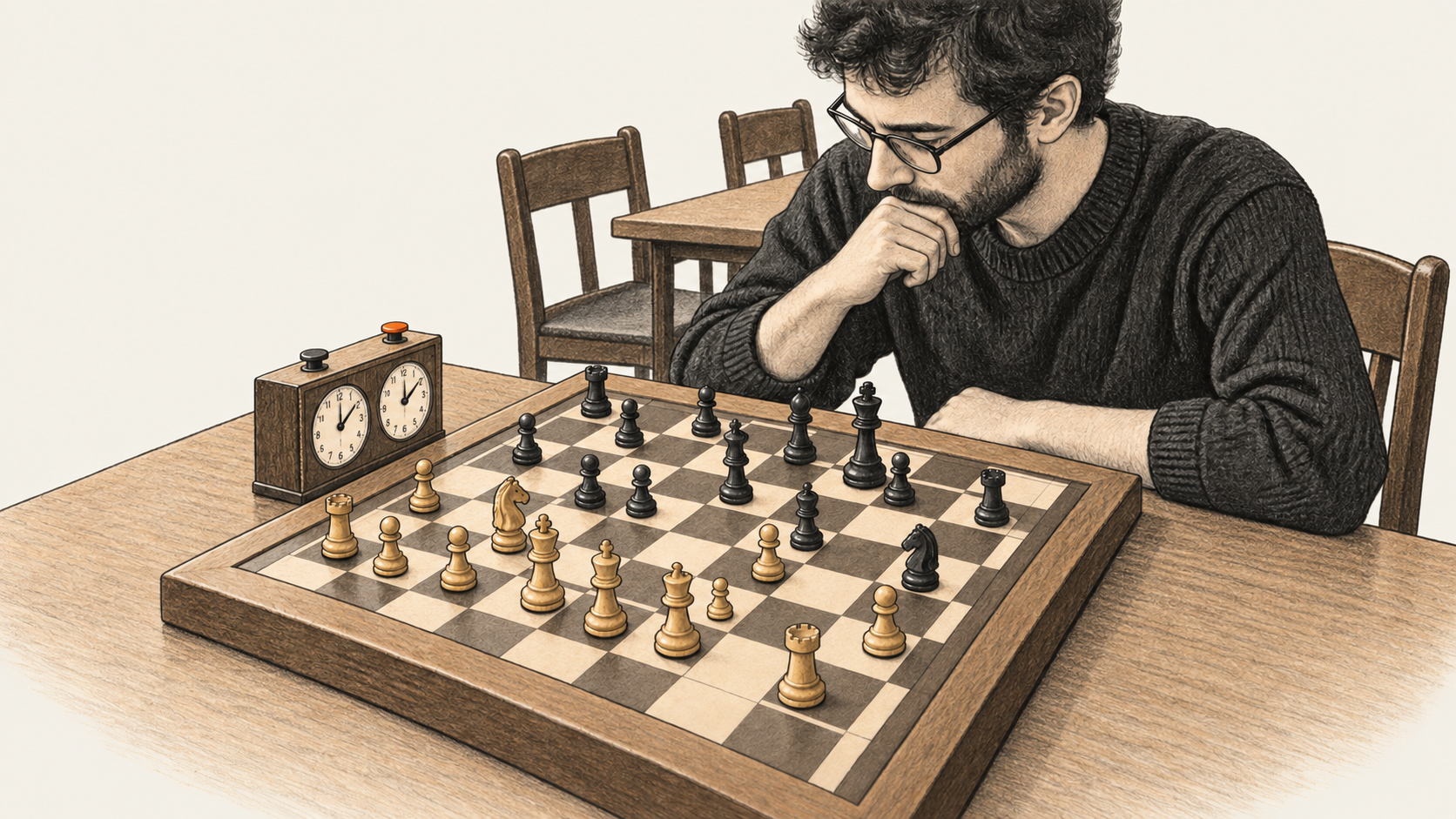 A chess player studies a midgame position on a wooden chessboard beside an analog chess clock in a quiet club room.
