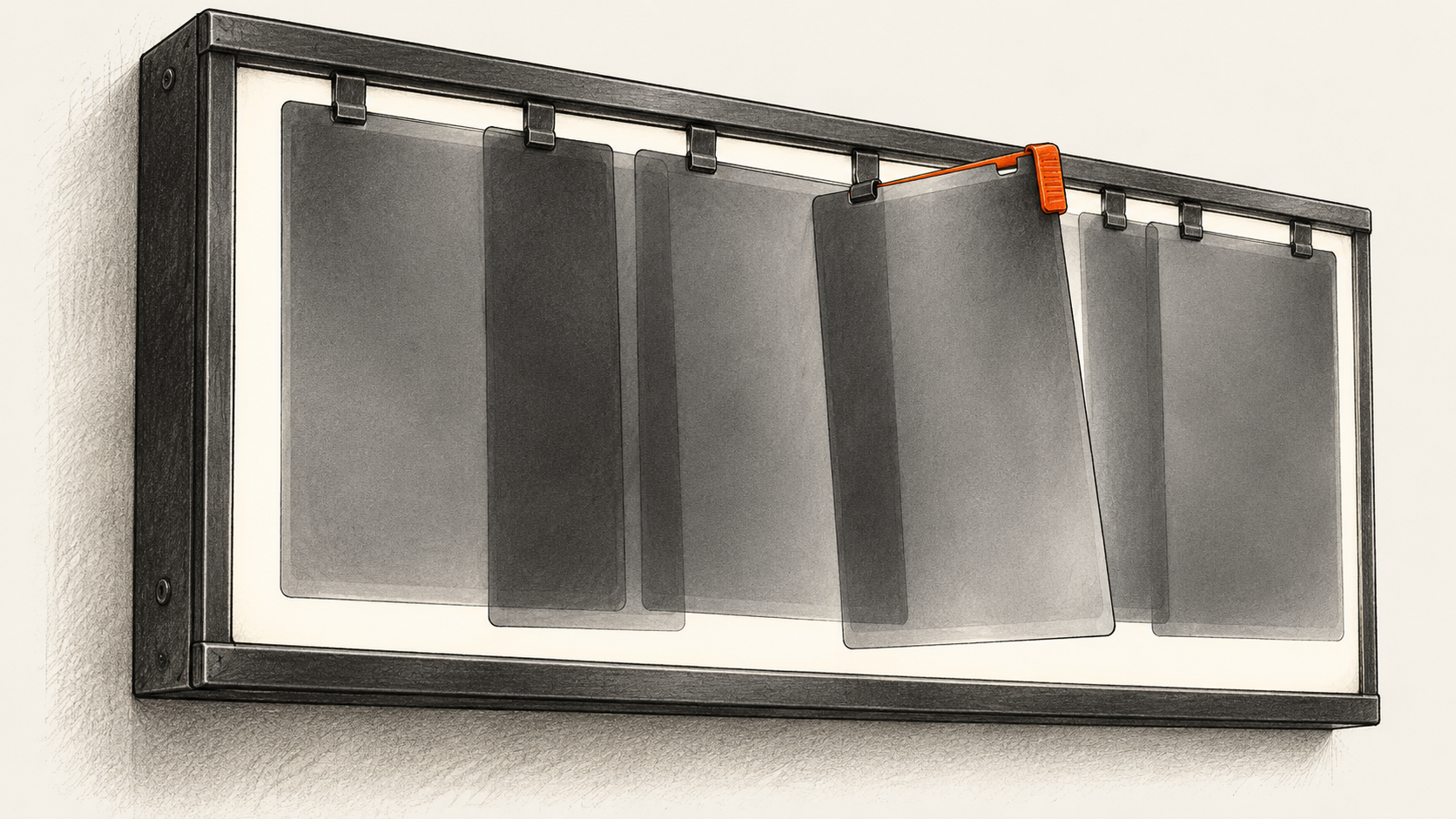 Charcoal illustration of blank translucent film sheets on a wall-mounted viewing box, with one sheet pulled forward by an orange grip.