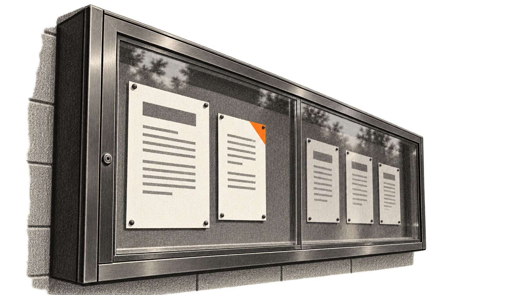 Conceptual charcoal illustration of a glass-fronted public notice case with generic papers and one orange-cornered sheet beside another notice.