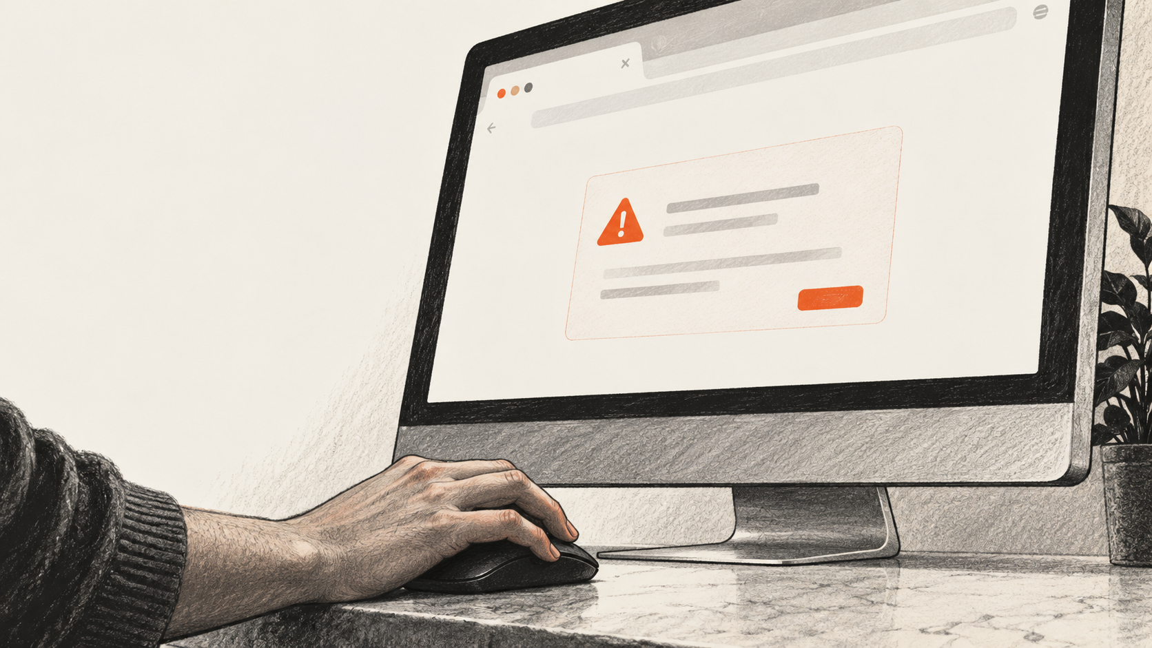 Conceptual charcoal illustration of a hand paused on a mouse beside a monitor showing a generic orange caution notice in a browser.