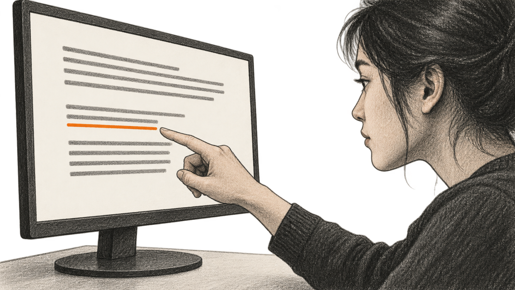 Conceptual charcoal illustration of one reader pointing toward an orange-marked line on a generic desktop display.