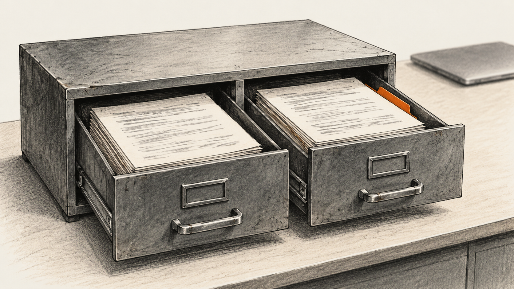 AI-generated conceptual charcoal illustration of two equally open drawers in a steel file cabinet, each holding a stack of indistinct private records.
